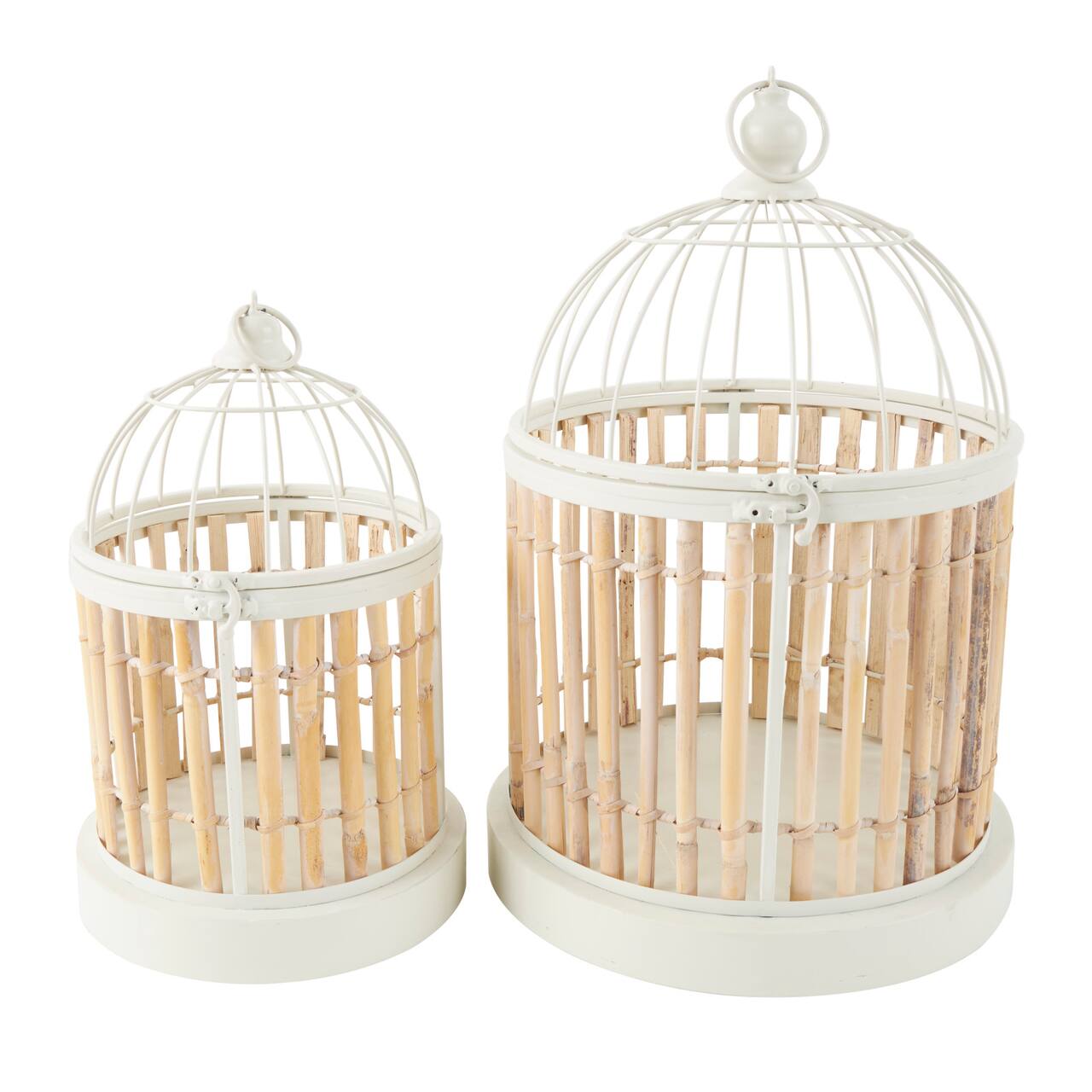 Brown Bamboo Wood Handmade Birdcage Set with White Metal Accents
